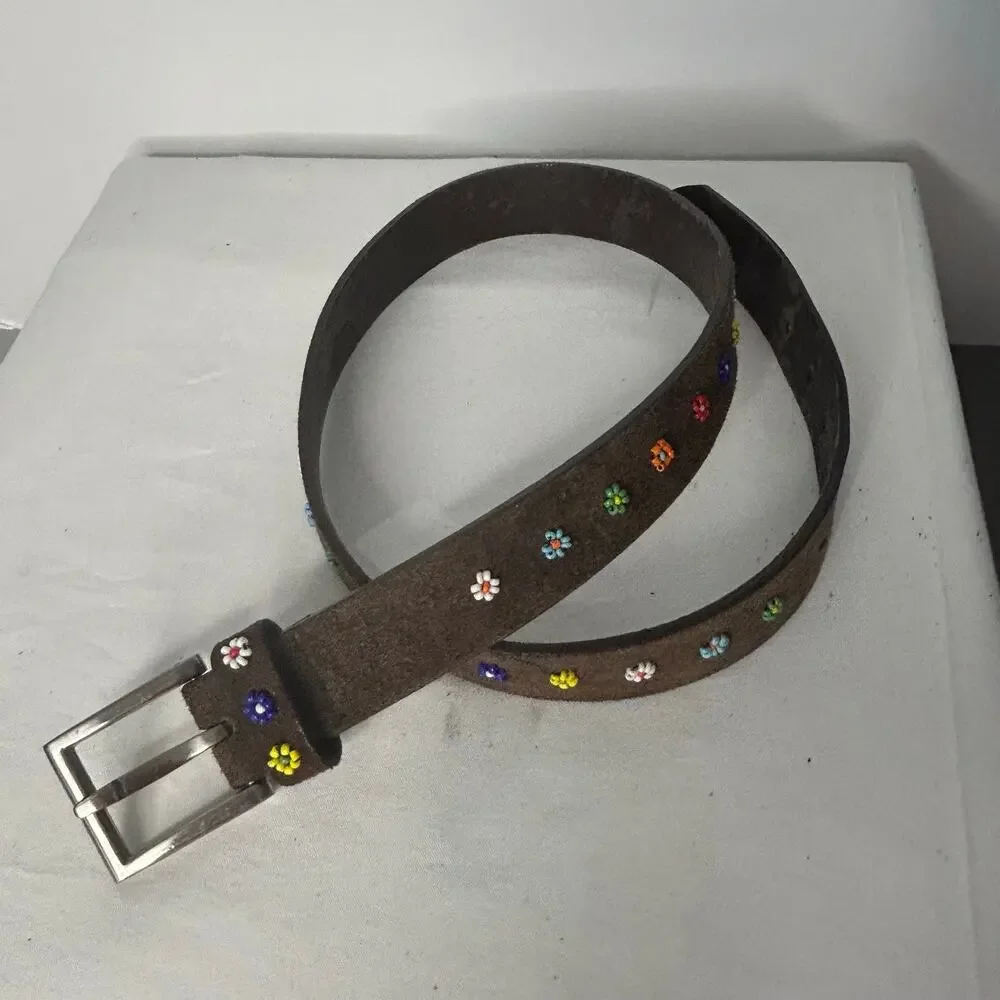 Brown Suede Leather Belt Multicolor Seed Bead Floral Boho Western 33” Waist
